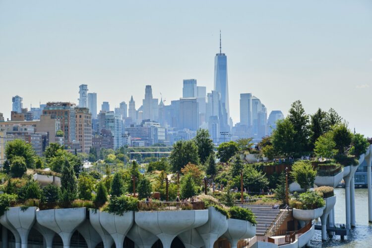 View of greenery against a New York City skyline