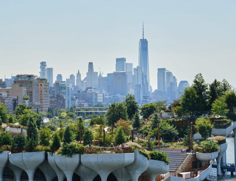 View of greenery against a New York City skyline